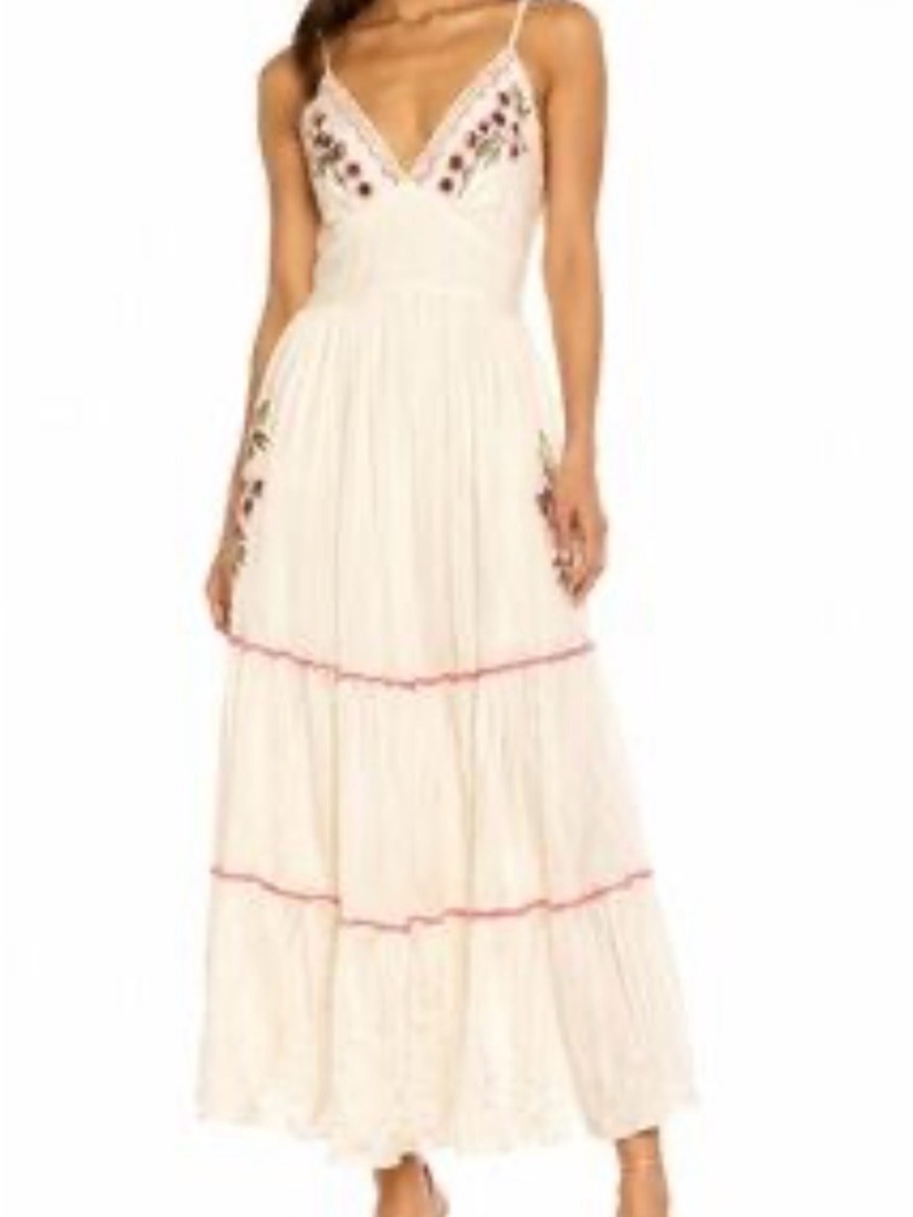 New Angie Cream Embroidered Tiered Maxi Dress with Pink Trim